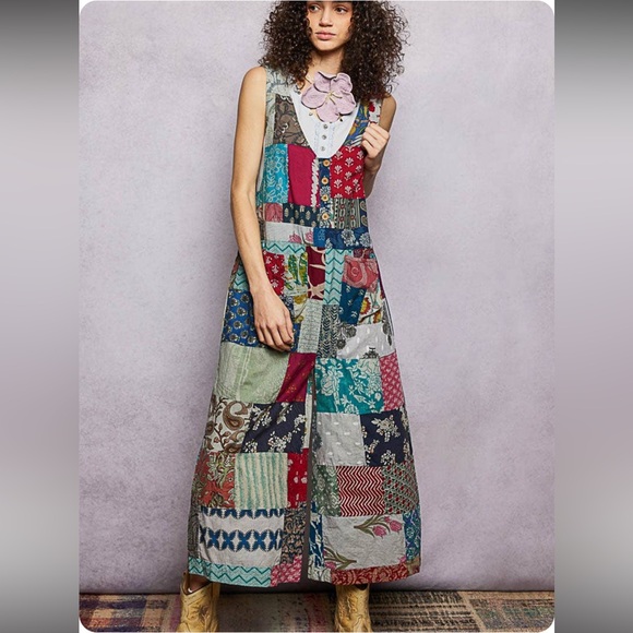 New: POL Made To Be Seen Boho Patchwork Cotton Front Pockets Wide Leg Jumper - Picture 3 of 8